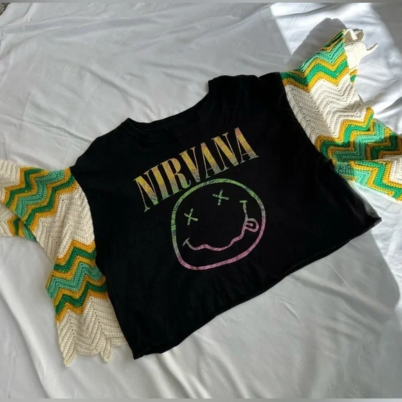 PENNY LANE REWORKED NIRVANA TEE W/CROCHETED SLEEVES - Picture 1 of 8